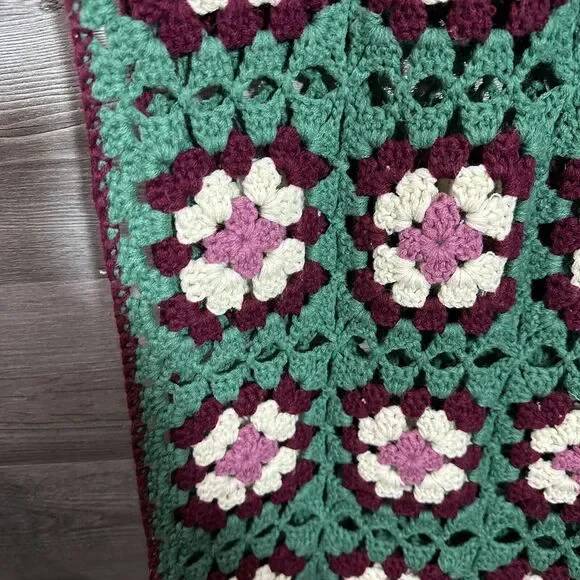 Handcrafted Floral Crochet Throw Blanket - Green, Purple, Cream - Picture 4 of 7